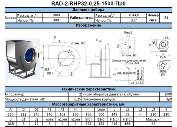 Радиальный вентилятор RAD-2-RHP-0.25-1500-R-0