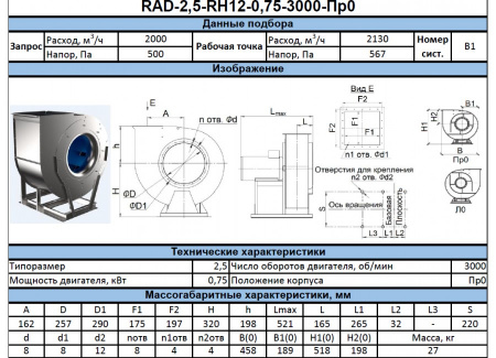 Радиальный вентилятор  RAD-2,5-RH-0,75-3000-L-0
