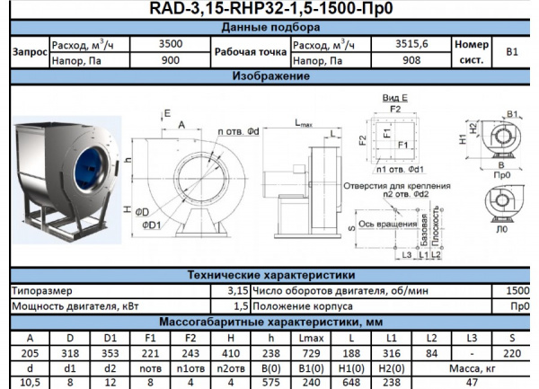 Радиальный вентилятор RAD-3,15-RHP-1,5-1500-L-0