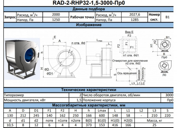 Радиальный вентилятор RAD-2-RHP-1.5-3000-L-0
